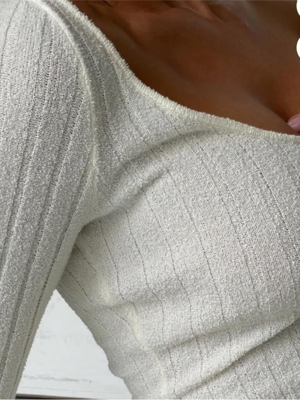 MESHKI Cream Ribbed Knit Midi Dress Side Slit Long Sleeve Bodycon XS NWT - Picture 4 of 6